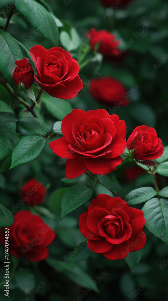 Obraz premium A vibrant display of velvety red roses blooms among lush green foliage, creating a captivating and romantic natural garden scene in soft diffused daylight outdoors.