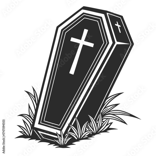Black coffin icon with white cross and grass silhouette