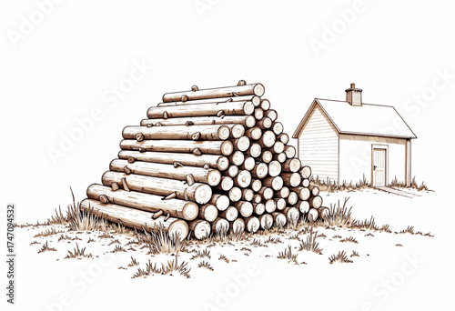 Illustration of a Neatly Stacked Pile of Cut Logs Next to a Small Wooden Shed in a Grassy Outdoor Setting
