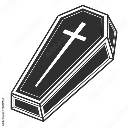 Black coffin icon with white cross and stripes vector