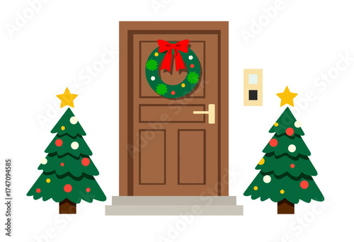 Festive Holiday Door Adorned with a Vibrant Green Wreath and Flanked by Two Decorated Christmas Trees with Stars on a Snowy White Background