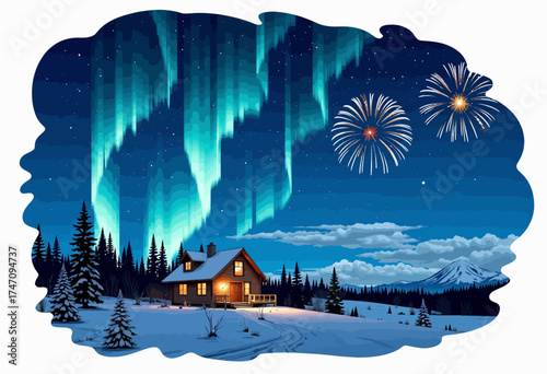 A cozy cabin nestled in a snowy landscape under the magical display of northern lights and vibrant fireworks against a starry winter night sky.