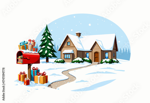 Snowy Holiday Scene with Cozy House, Evergreen Tree, and Mailbox Overflowing with Colorful Gifts on a Wintery Day