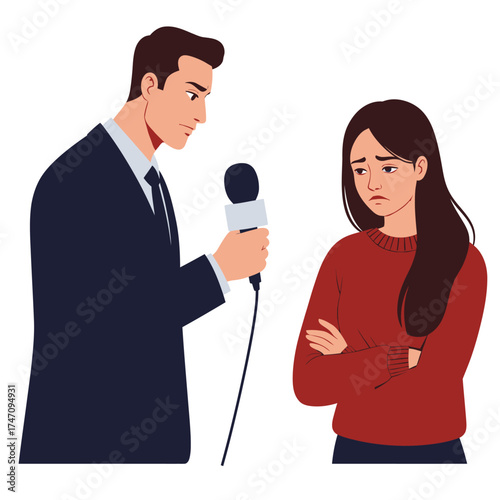 Journalist interrogating woman microphoned for interview emotionally charged confrontation scene illustration
