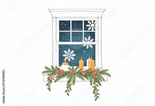 Illustration of a Snowy Night Window Decorated with Candles and Festive Greenery Featuring Red Berries and Winter Snowflakes