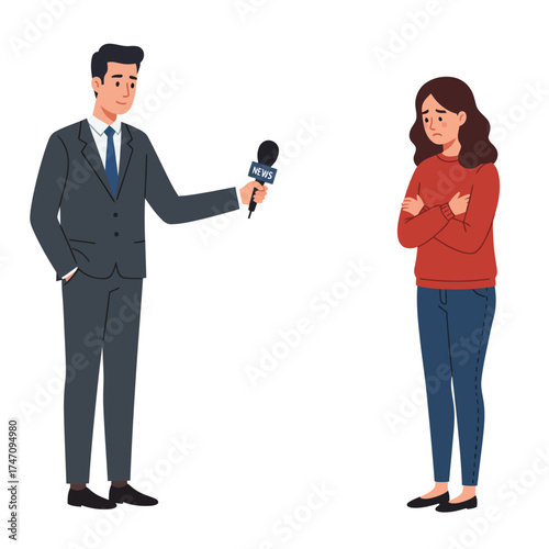Journalist interviews distressed woman holding microphone on illustration