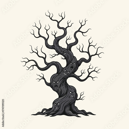 Spooky Halloween Tree with Scary Faces and Twisted Branches.