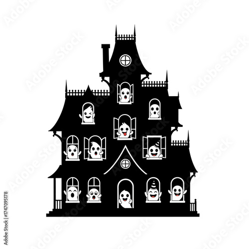 Spooky Haunted House Silhouette with Ghostly Faces in Windows.