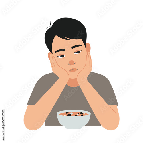 Sad young man feeling bored with his healthy food meal concept illustration