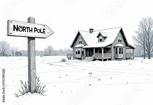 Charming Winter Cabin by Signpost in Snowy Landscape Leading to North Pole Under a Gloomy Sky Surrounded by Bare Trees