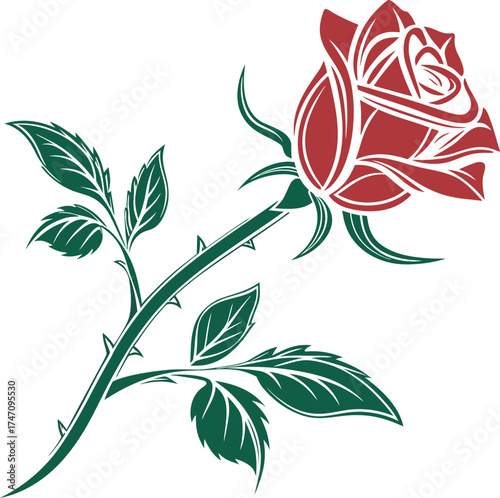Red Rose with Green Stem and Leaves Vector Illustration — Elegant Floral Design Isolated on White Background