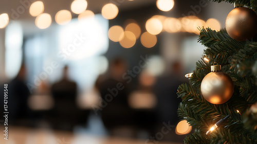 Festive office celebration with decorated tree and blurred figures in background. Holiday cheer and corporate atmosphere. Gold ornaments and bokeh lights.