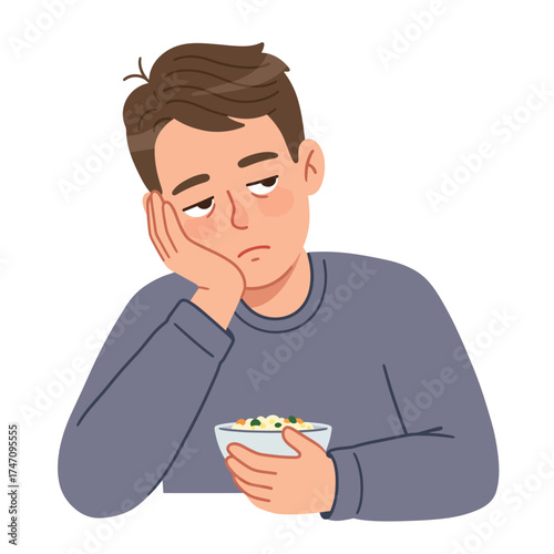 Bored tired man sitting with bowl of food expressing exhaustion and lack of interest illustration