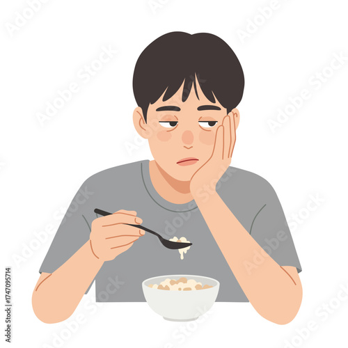 Young man feeling bored and uninterested while eating a meal depicted in simple flat art style illustration