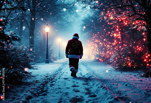Santa Claus walking through a snowy park at night with Christmas lights and lampposts winter isolated on a transparent background
