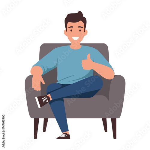 Cheerful young man relaxing sitting on comfortable armchair giving thumbs up gesture illustration