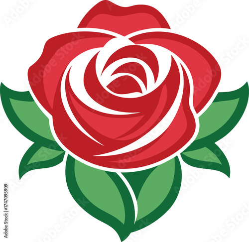 Red Rose Flower Head Vector Illustration with Green Leaves — Romantic Floral Symbol of Love
