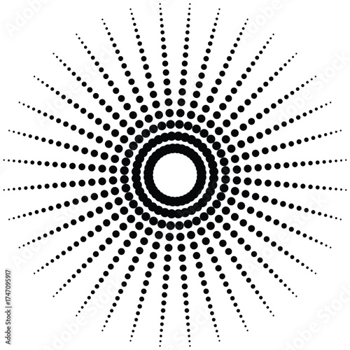 Abstract radial halftone dotted circle pattern — black and white geometric sunburst vector design — optical illusion concentric dots art — retro minimal futuristic mandala background texture concept