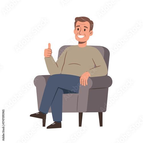 Happy man sitting in armchair giving thumbs up gesture of approval and success illustration