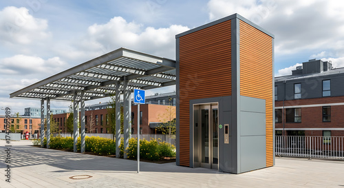 Exterior view of a modern building with an elevator for disabled people