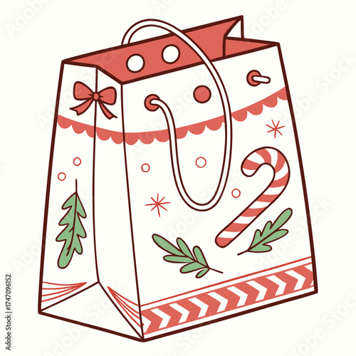 Cute Christmas gift bag with candy cane and pine holiday packaging