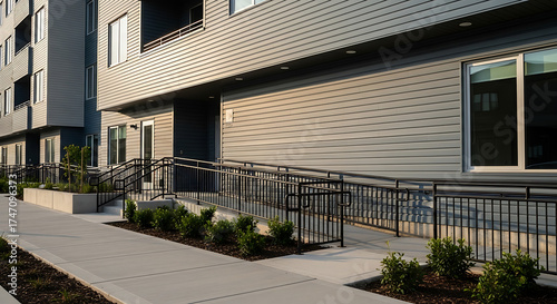 Modern building with a ramp for disabled people in the city area