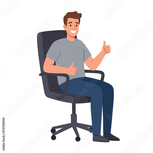 Happy man sitting in office chair giving thumbs up approval gesture business professional illustration