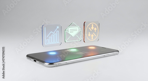 Smartphone displaying holographic financial charts and communication icons mobile phone technology isolated on a transparent background