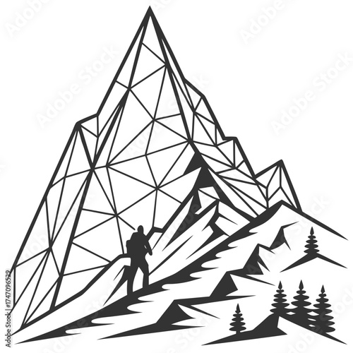 Black and white abstract polygonal mountain climber vector