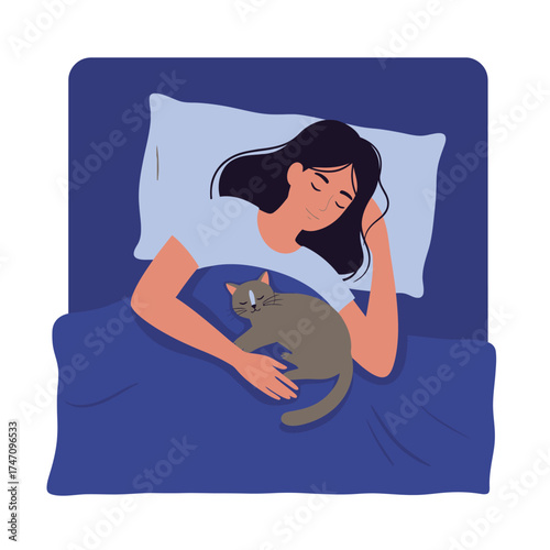 Cozy night sleep woman and cat nestled together under blue duvet illustration