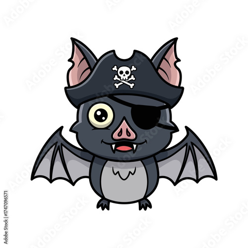 Cute cartoon pirate bat with eye patch and pirate hat illustration.