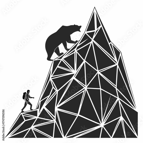 Black bear climbing abstract polygonal mountain with climber