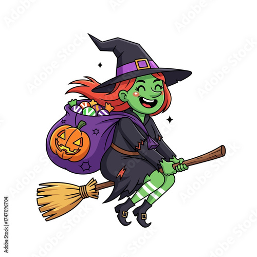 Cute cartoon witch flying on a broomstick with a bag of candy.