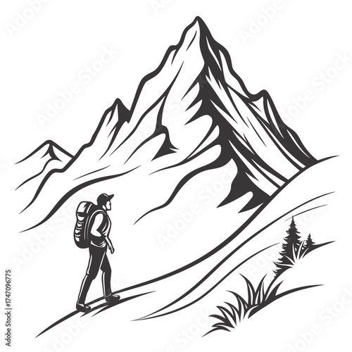 Black line art hiker walks towards mountain peak trekking