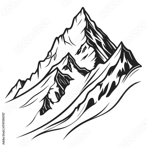 Black line art mountain range on white background mountains