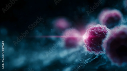 Abstract visualization of glowing futuristic tumor cells undergoing scientific analysis with precise lighting and bokeh effects