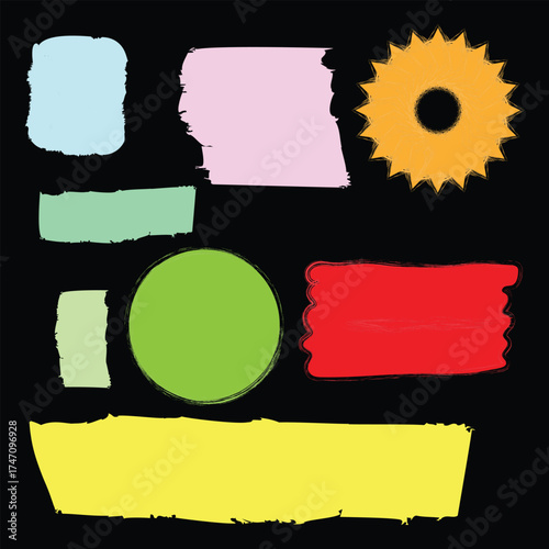 Abstract collection of colorful torn paper shapes and a sunburst graphic on a black background