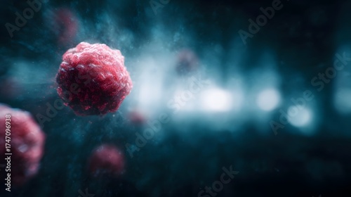 Microscopic view of intricate red cells against a dark atmospheric background with bokeh lights
