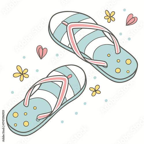 Cute pastel beach slippers with flowers and hearts