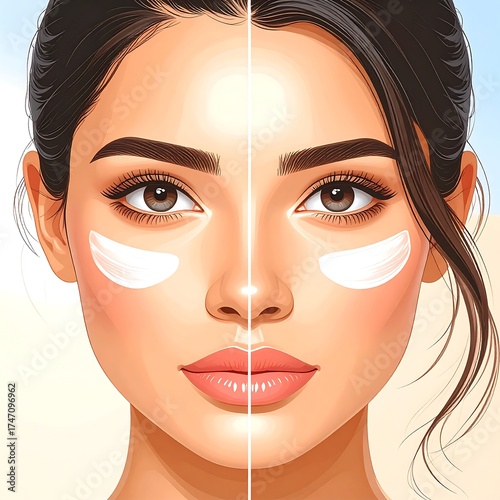 Woman's face, split image.  One side shows tan, other side shows lighter skin tone.  Both sides have eye patches on.  Digital illustration