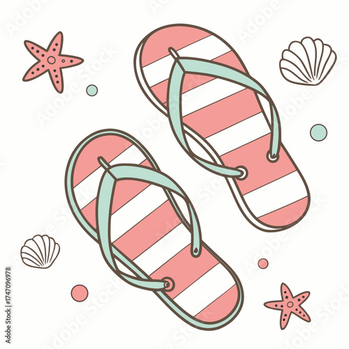 Cute pastel striped flip flops with seashells and starfish