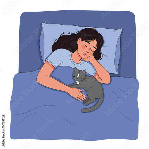 Young woman sleeping comfortably in bed with her pet cat cozy nighttime companion. illustration