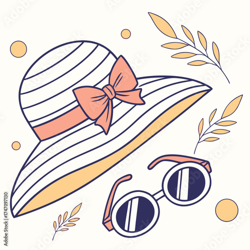 Striped sun hat and round sunglasses with leaves summer