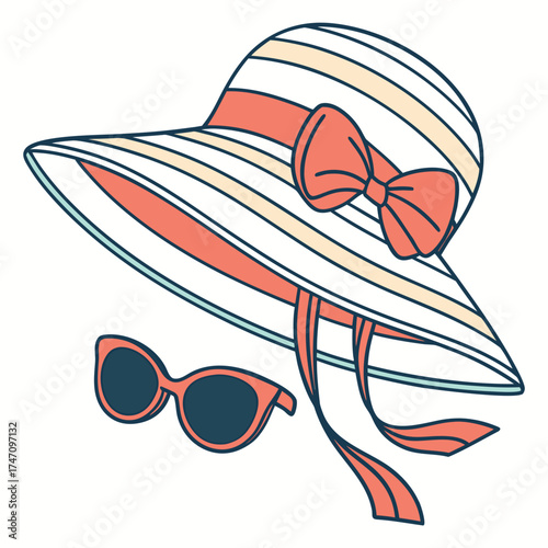 Striped sun hat and sunglasses icon summer beach
