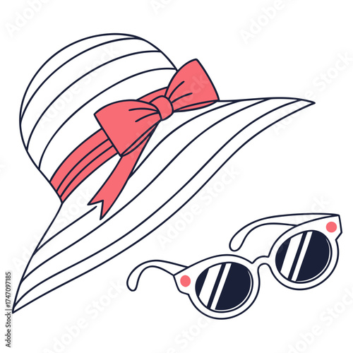 White striped beach hat with pink bow and sunglasses