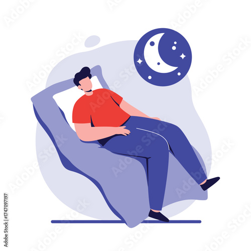 Man relaxing in comfortable chair under night sky with moon and stars concept illustration
