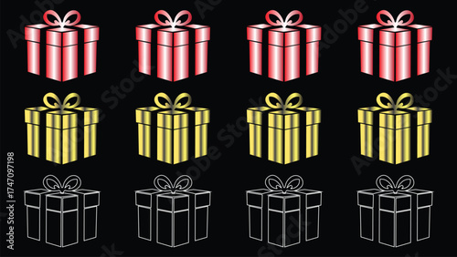 Vector Gift Box Icon Set in Red, Gold, and Outline Styles with Glowing Edges on Black Background – Modern Holiday and Christmas Design Collection