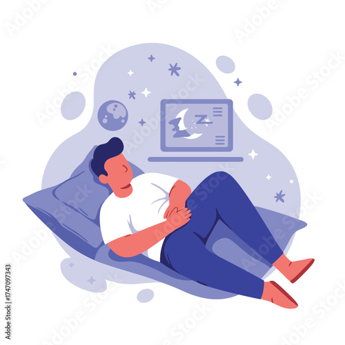 Man relaxing on pillow looking at laptop screen with moon and stars illustration concept illustration