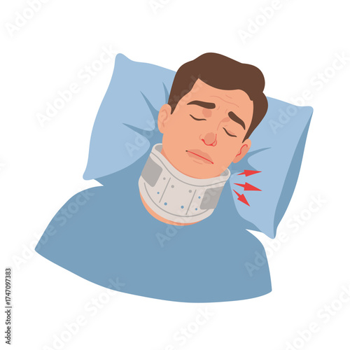 Man with neck brace resting in hospital bed after injury or surgery illustration