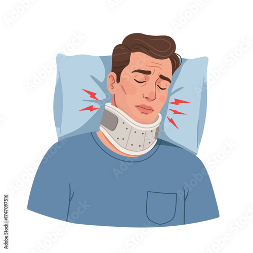 Man with neck brace lying on pillow experiencing pain illustration illustration